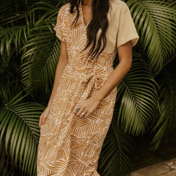 Roolee Dresses & Skirts - Roolee faux wrap Dress in golden Tan and Cream